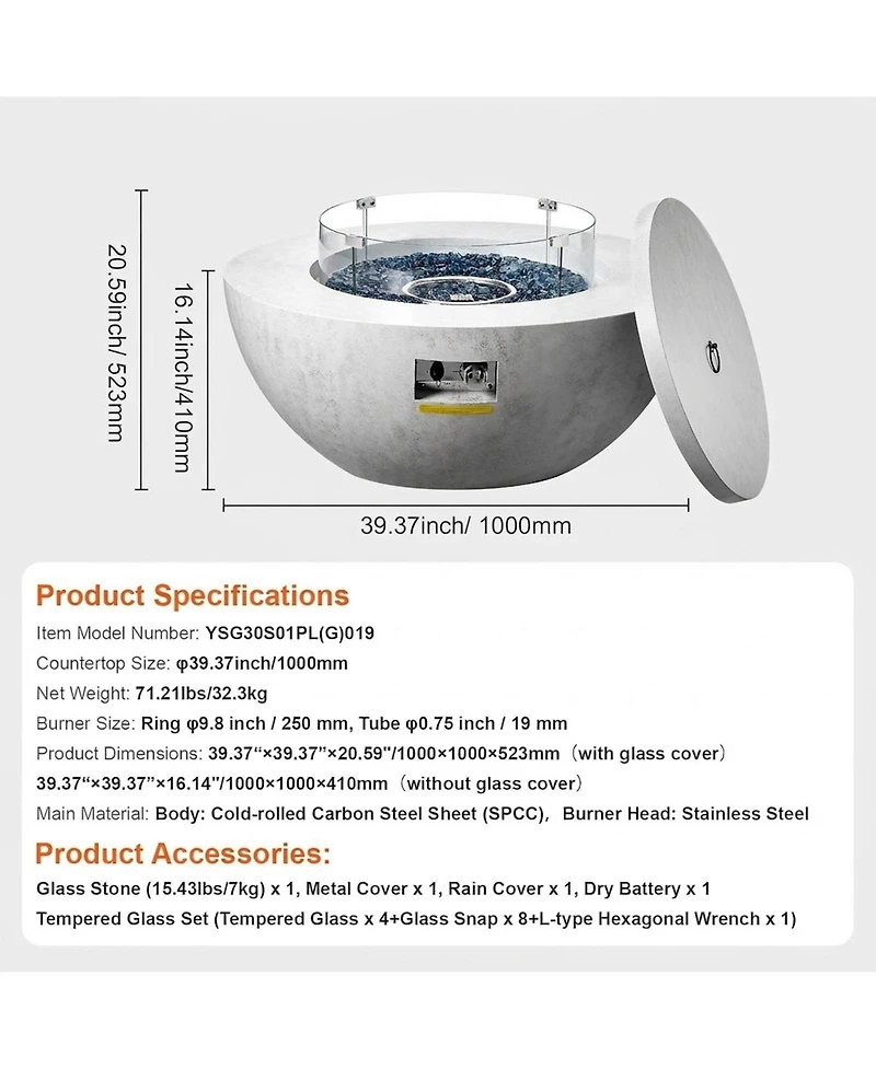 Gouun 39 inch Propane Fire Pit Table 50000 Btu with Lid and Rain Cover
