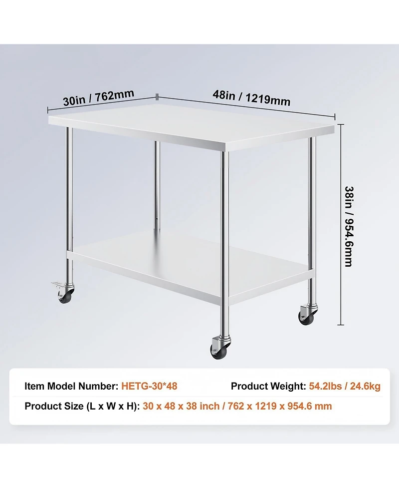 Gouun Stainless Steel Rolling Work Table 30 x 48 x 38 in with 4 Casters