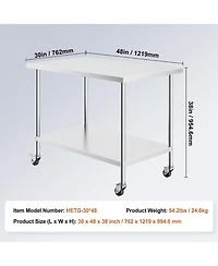Gouun Stainless Steel Rolling Work Table 30 x 48 x 38 in with 4 Casters
