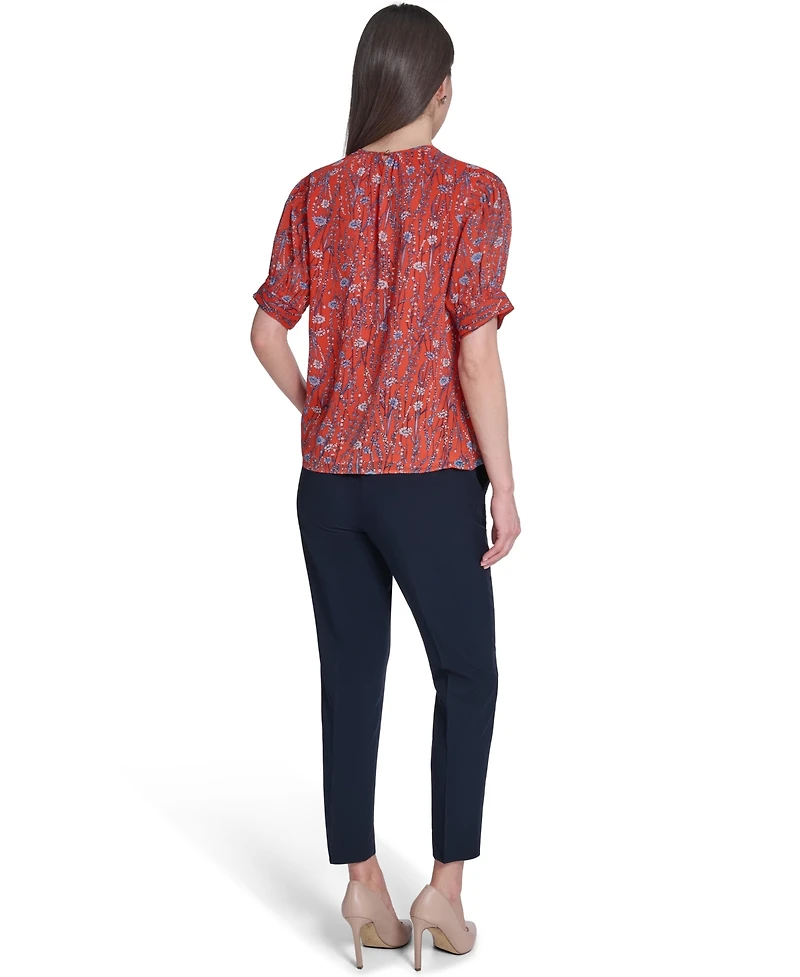 Tommy Hilfiger Women's Floral Crew Neck Puff-Sleeve Top