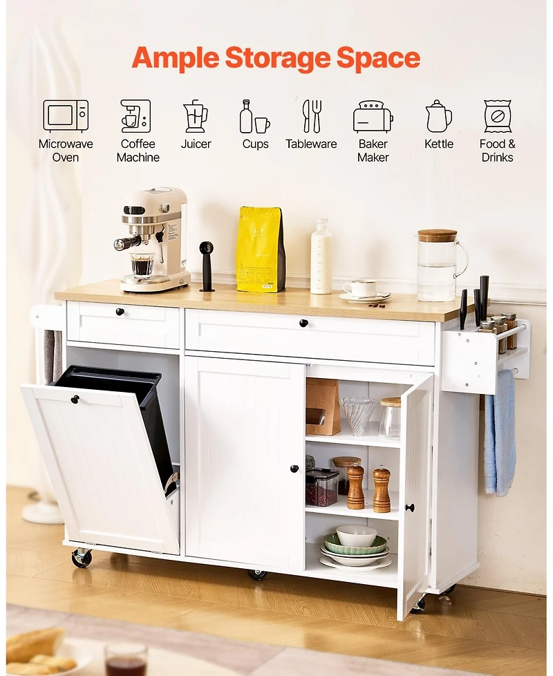 Gouun 60 in Rolling Kitchen Island Cart with Storage, 2 Drawers, Drop Leaf and Wheels