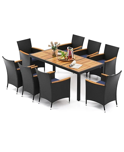 Gymax Set of 9 Outdoor Dining Set w/ Acacia Wood Tabletop and Umbrella Hole and Seat Cushions