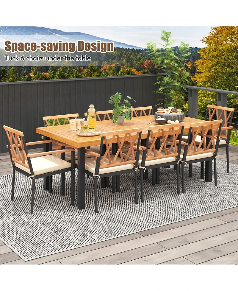 Gymax 9 Pcs Patio Dining Set Acacia Wood Table w/ Soft Cushions and 1.9'' Umbrella Hole