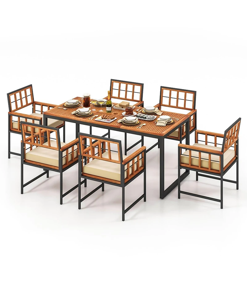 Gymax 7PCS Dining Set Outdoor Acacia Wood Table w/ Soft Cushions Umbrella Hole Patio