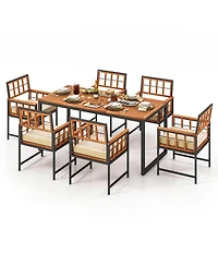 Gymax 7PCS Dining Set Outdoor Acacia Wood Table w/ Soft Cushions Umbrella Hole Patio