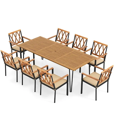 Gymax 9 Pcs Patio Dining Set w/ 8 Chairs Acacia Wood Table Top Umbrella Hole for Yard