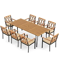 Gymax 9 Pcs Patio Dining Set w/ 8 Chairs Acacia Wood Table Top Umbrella Hole for Yard