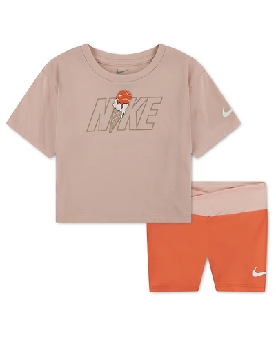 Nike Girls' Toddler 2T-4T Crewneck T-Shirt and Crossover Bike Shorts, 2-Piece Set