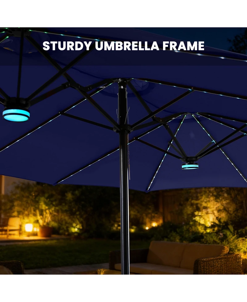 Mondawe 15ft Double-Sided Solar Rgb Led Patio Umbrella with Base, Dual Charging