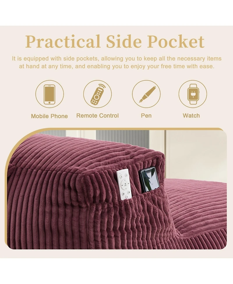 Rainsken Big Corduroy Bean Bag Chair with Footstool, Memory Foam Filled Floor Chair with Side Pockets for Living Room