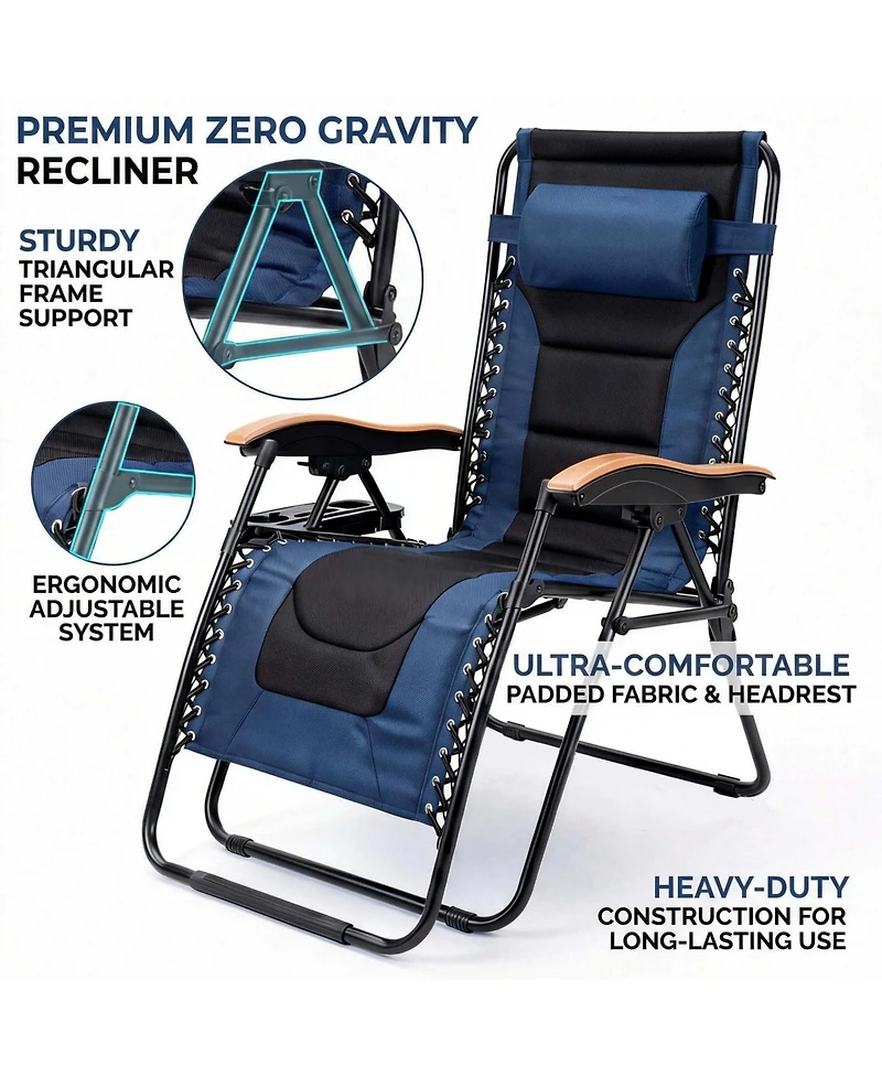 Rainsken Foldable Lounge Chair, Portable Zero Gravity Recliner with Cup Holder and Wooden Armrests for Outside Patio, Beach and Lawn, Support 400 Lbs