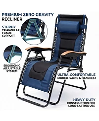 Rainsken Foldable Lounge Chair, Portable Zero Gravity Recliner with Cup Holder and Wooden Armrests for Outside Patio, Beach and Lawn, Support 400 Lbs