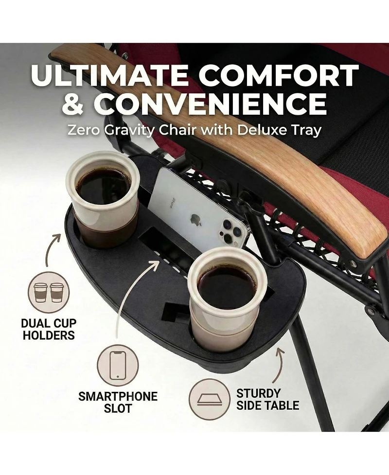 Rainsken Portable Zero Gravity Foldable Lounge Chair, Outdoor Recliner with Wooden Armrests and Cup Holder, Supports 400 Lbs for Patio, Beach and Lawn