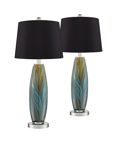 360 Lighting Azure Modern Table Lamps 26 3/4" High Set of 2 Art Glass Black Faux Silk Drum Shade for Bedroom Living Room Bedside Nightstand
