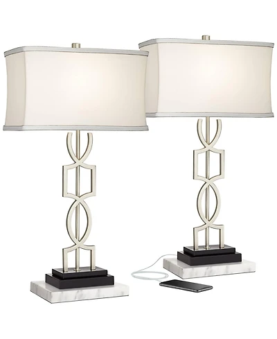 360 Lighting Evan Modern Table Lamps Set of 2 with Risers 28 1/2" Tall Brushed Nickel with Usb Charging Port for Bedroom Living Room