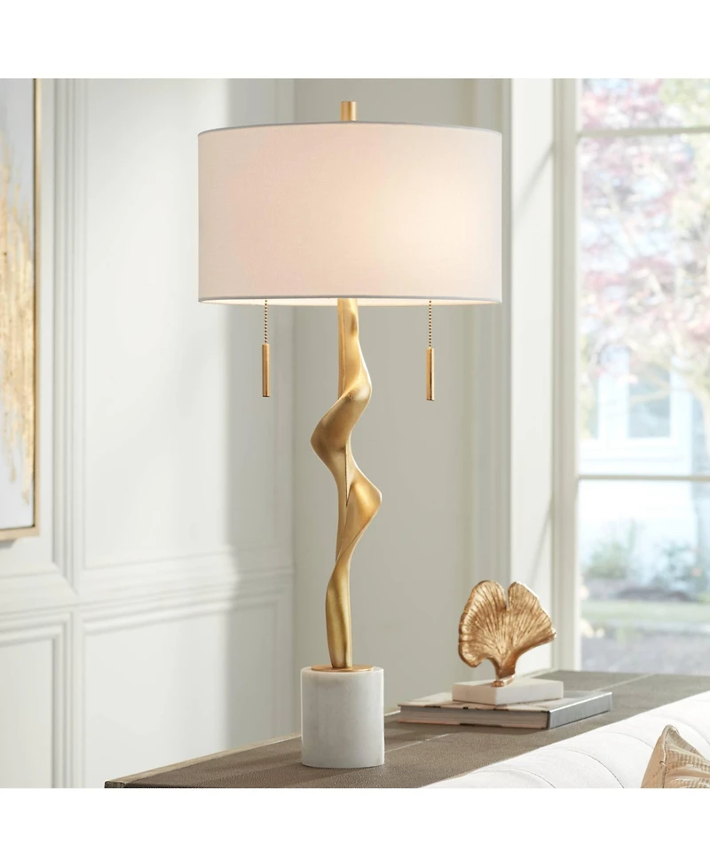 Possini Euro Design Montrose 31 3/4" Tall Sculpture Large Modern End Table Lamp Pull Chain Gold Finish Marble Single Living Room