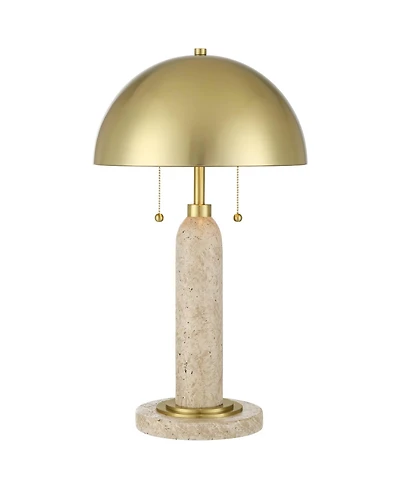 Possini Euro Design Chanterelle 24 1/2" High Mid Century Modern Table Lamp Pull Chain Beige Faux Stone Finish Brass Dome Shade