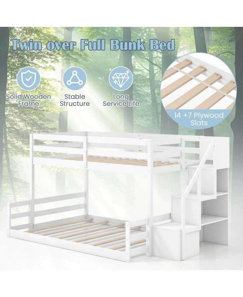 Gouun Solid Wood Twin Over Full Low Bunk Bed with Storage Stairs