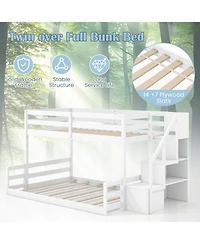 Gouun Solid Wood Twin Over Full Low Bunk Bed with Storage Stairs