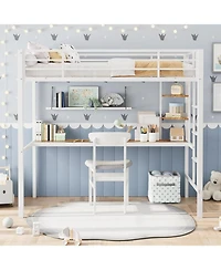 gaomon Metal Loft Bed with Large Desk Storage Shelves Ladder Safety Guardrail Steel Slats Space-Saving
