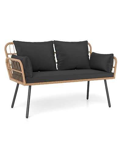 Sugift Outdoor Rattan 2-Seat Chair with Seat Back Cushions and Heavy-Duty Metal Legs