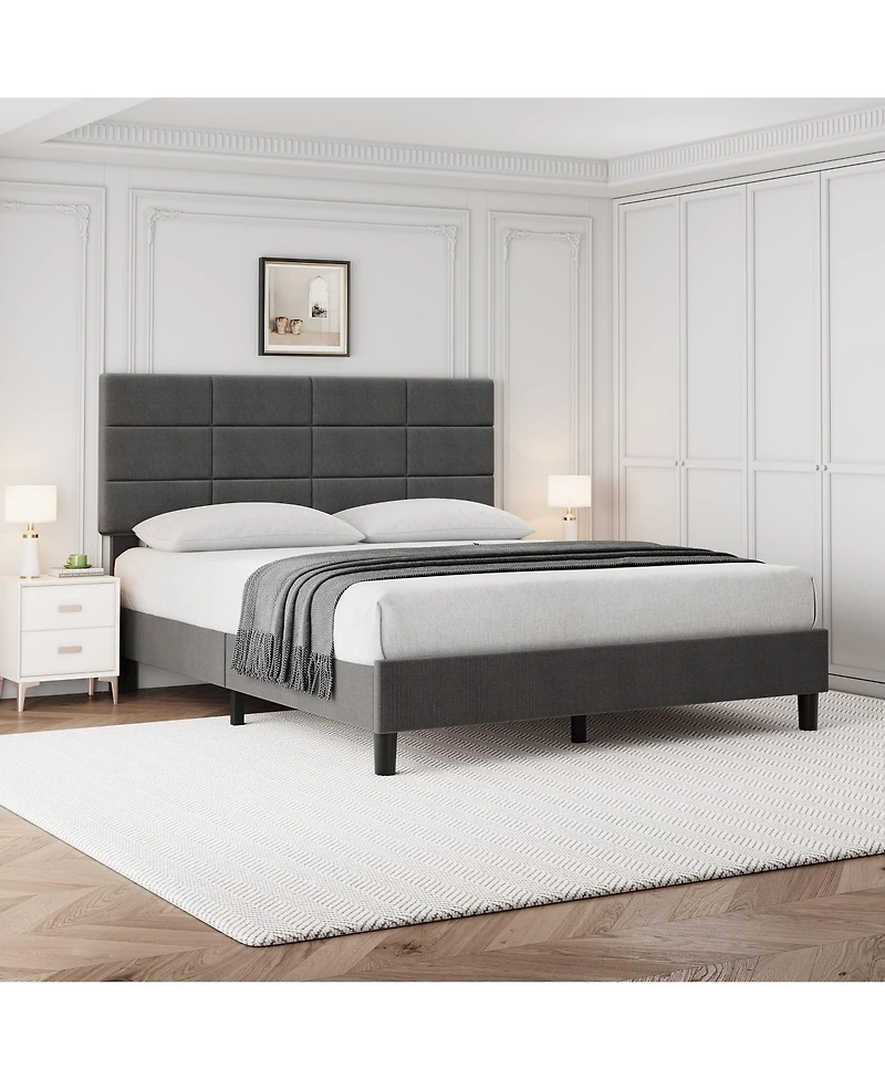 gaomon Bed Frame Adjustable Headboard Linen Upholstered Wood Slats No Box Spring Noise Free Minimalist
