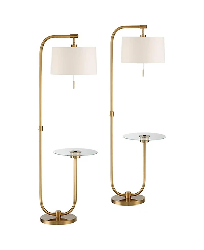 Possini Euro Design Volta Modern Floor Lamps with Tray Tables 66" Tall Set of 2 Brass Usb Charging Port Drum Shade for Living Room Bedroom House