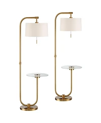 Possini Euro Design Volta Modern Floor Lamps with Tray Tables 66" Tall Set of 2 Brass Usb Charging Port Drum Shade for Living Room Bedroom House