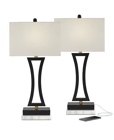360 Lighting Roxie Modern Table Lamps Set of 2 with Marble Riser 31" Tall Usb Charging Port Rectangular Fabric Shades for Bedroom House