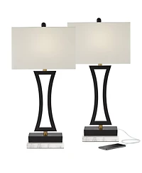 360 Lighting Roxie Modern Table Lamps Set of 2 with Marble Riser 31" Tall Usb Charging Port Rectangular Fabric Shades for Bedroom House