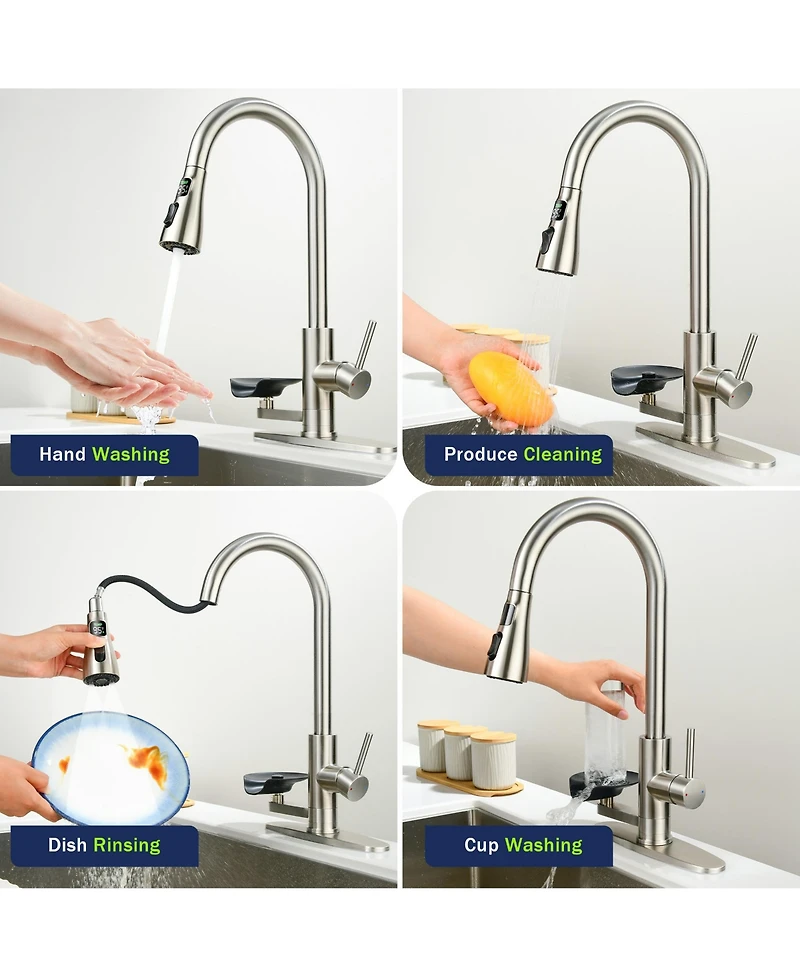 Busdays 3-in-1 Kitchen Faucet with Led Temp Display, Glass Rinser and Pull-Down Sprayer, Brushed Nickel