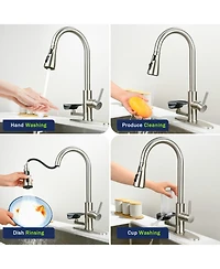 Busdays 3-in-1 Kitchen Faucet with Led Temp Display, Glass Rinser and Pull-Down Sprayer, Brushed Nickel