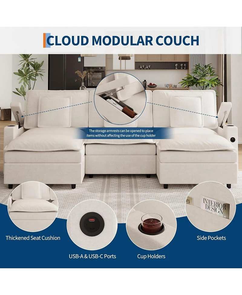 gaomon 108" Modular Sectional Sofa, U-Shaped Chenille Cloud Couch with Storage Armrest and Charging