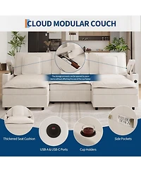 gaomon 108" Modular Sectional Sofa, U-Shaped Chenille Cloud Couch with Storage Armrest and Charging