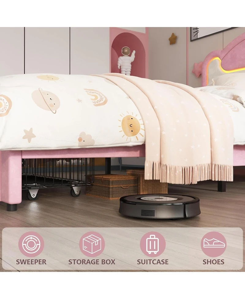 gaomon Upholstered Bed Frame with Led Lights & Storage Drawers, Fabric Headboard Wood Slats, No Box Spring Needed, Princess for Girls