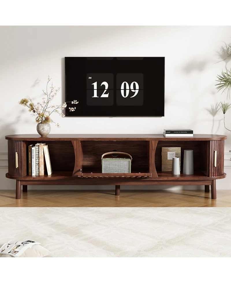 Rainsken Tv Stand for TVs up to 75", Fluted Entertainment Center, Media Console with Tambour Sliding Doors and Grill Flip-Down Door for Living Ro