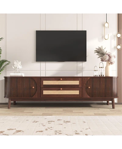 Rainsken Rattan Tv Stand for TVs up to 75'', Modern Farmhouse Media Console with Tambour Sliding Doors and Drawers, Media Console for Living Room