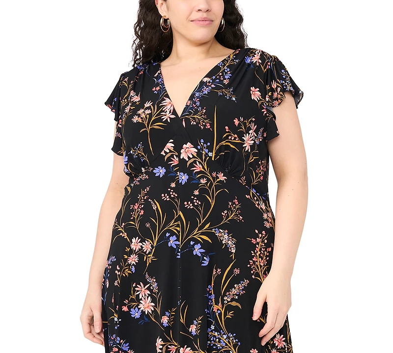 Msk Plus Floral Print V-Neck Midi Dress