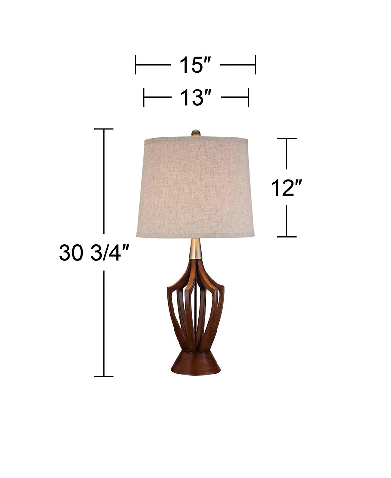 360 Lighting St. Claire Modern Mid Century Table Lamp 30 3/4" Tall Wood Usb Charging Port Fabric Drum Shade for Bedroom Living Room Office House Home