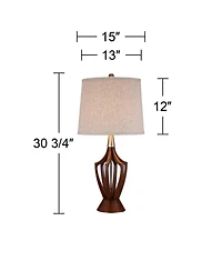 360 Lighting St. Claire Modern Mid Century Table Lamp 30 3/4" Tall Wood Usb Charging Port Fabric Drum Shade for Bedroom Living Room Office House Home