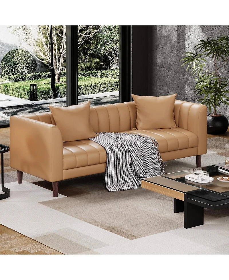 gaomon 83" Faux Leather Sofa, 3-Seater Couch with Pillows, Deep Seat and Wood Legs