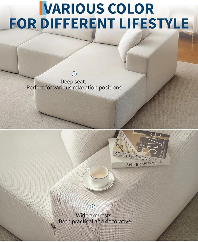 gaomon 108" Modular Cloud Sectional Sofa, L-Shaped Couch with Chaise, Deep Seat, No Assembly - Beige (cotton linen fabric)