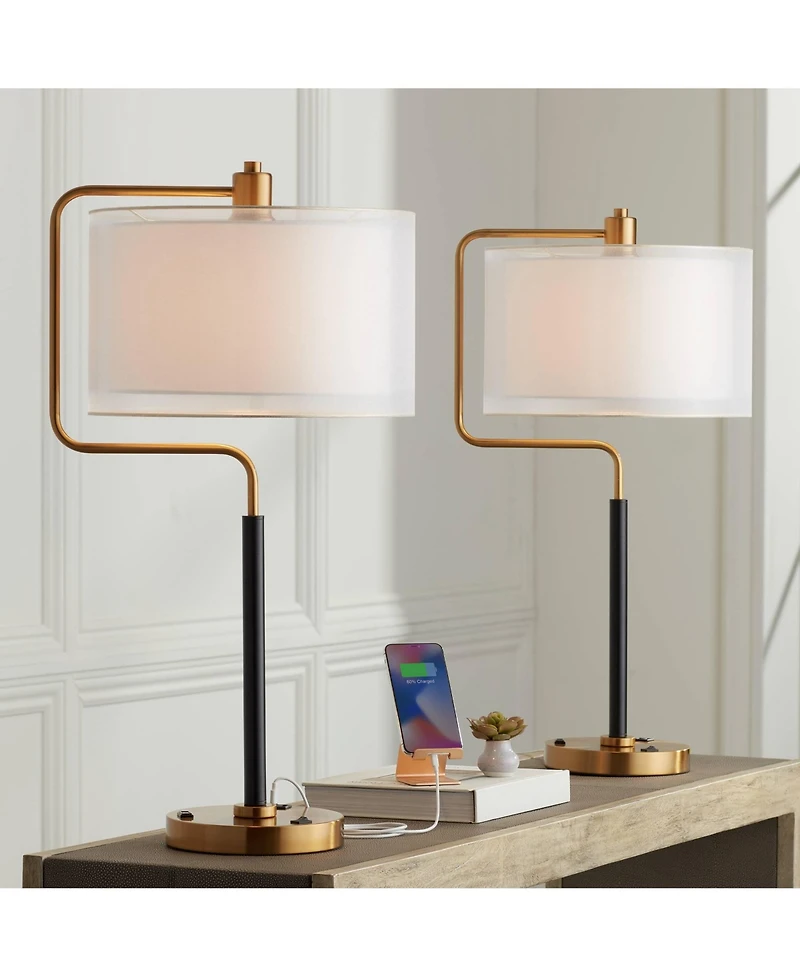Possini Euro Design Carlyle 30 1/2" Tall Large Mid Century Modern Desk Lamps Set of 2 Usb Port Ac Power Outlet Gold Metal Charging