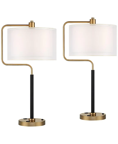 Possini Euro Design Carlyle 30 1/2" Tall Large Mid Century Modern Desk Lamps Set of 2 Usb Port Ac Power Outlet Gold Metal Charging