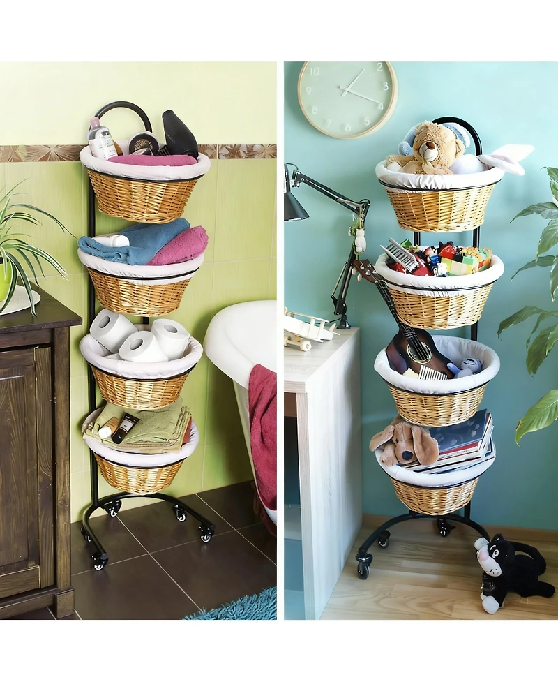 Yigii 4 Tier Metal Display shelves with Wheels Sign Clips Baskets for Retail Market