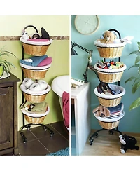 Yigii 4 Tier Metal Display shelves with Wheels Sign Clips Baskets for Retail Market