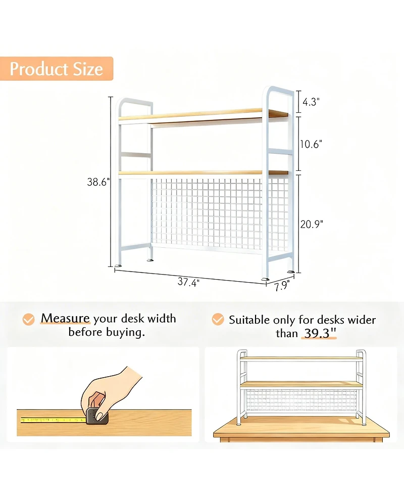 Yigii 2-Tier Desktop Hutch Bookshelf Metal Grid Panel Storage Organizer