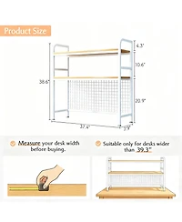 Yigii 2-Tier Desktop Hutch Bookshelf Metal Grid Panel Storage Organizer