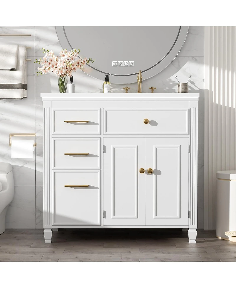 Sillysis 36" Bathroom Vanity with Ceramic Sink, Freestanding Cabinet with Tip-Out & Side Drawers, Adjustable Shelf, Modern Storage.