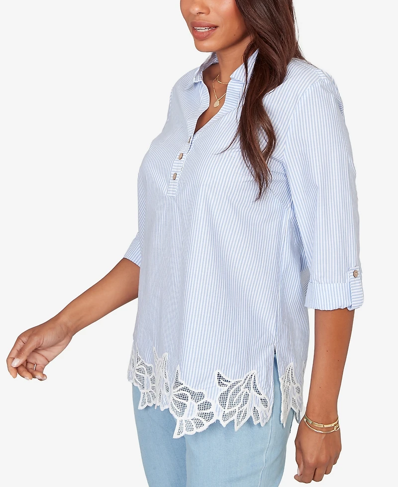 Ruby Rd. Petite Coastal Stripe Lace-Hem Henley Top